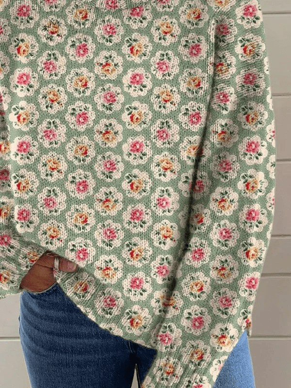Vrouwen Gebreide Coltrui met Prachtige Bloemenprint - Warme Ademende Elegante Trui