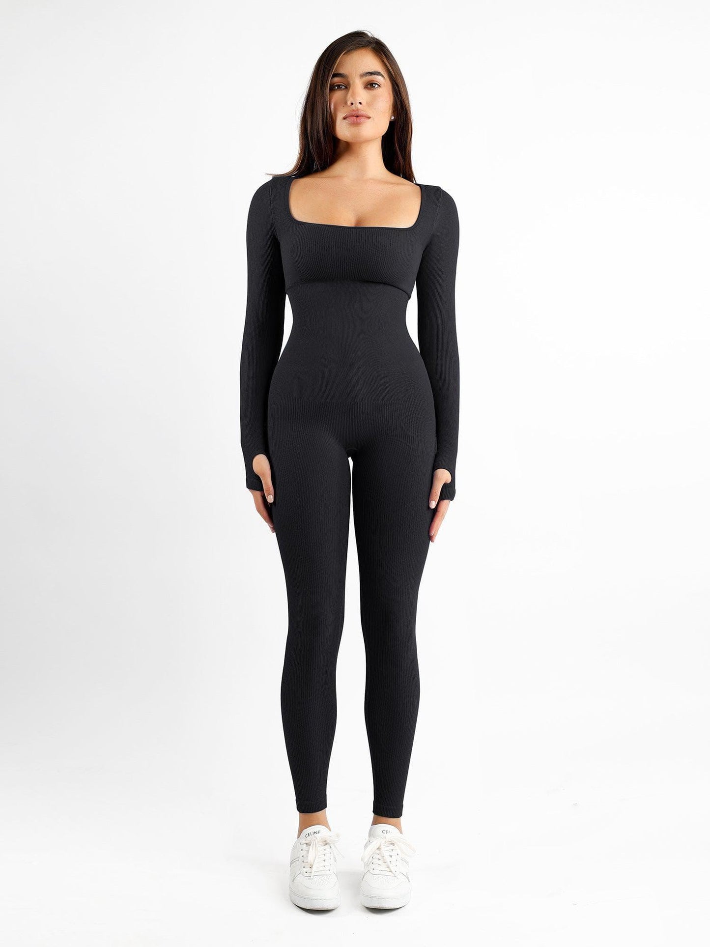 Luxe Naadloze Contour Jumpsuit: Vierkante Hals, Lange Mouwen & Vormgevend Comfort