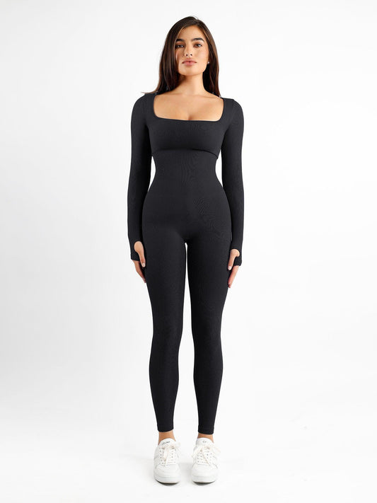 Luxe Naadloze Contour Jumpsuit: Vierkante Hals, Lange Mouwen & Vormgevend Comfort