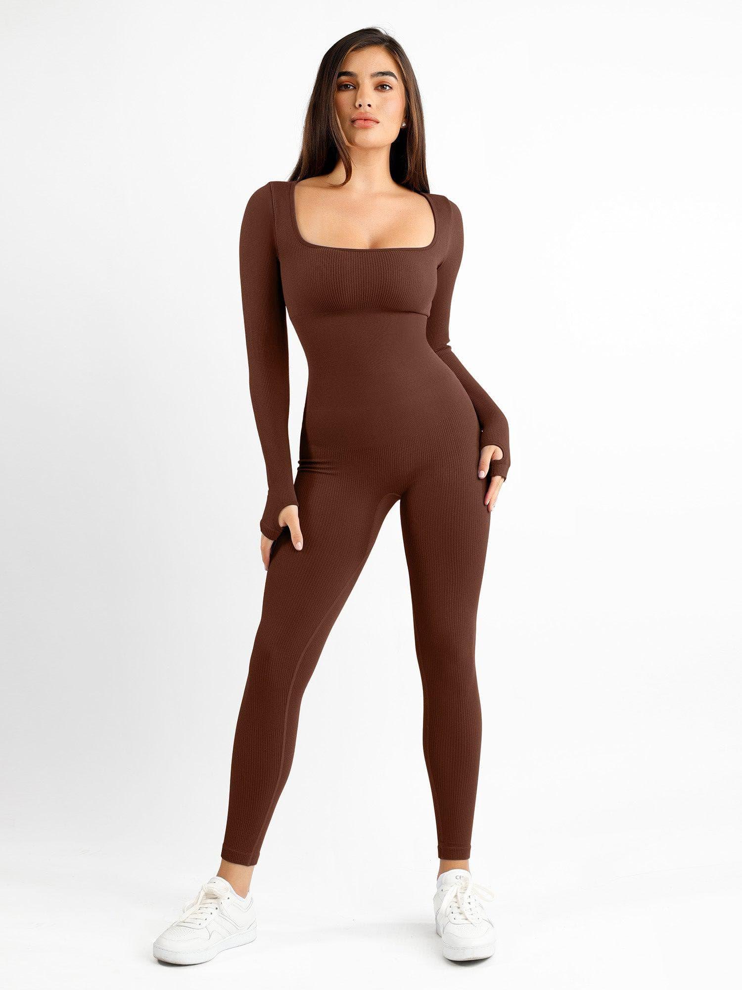 Luxe Naadloze Contour Jumpsuit: Vierkante Hals, Lange Mouwen & Vormgevend Comfort