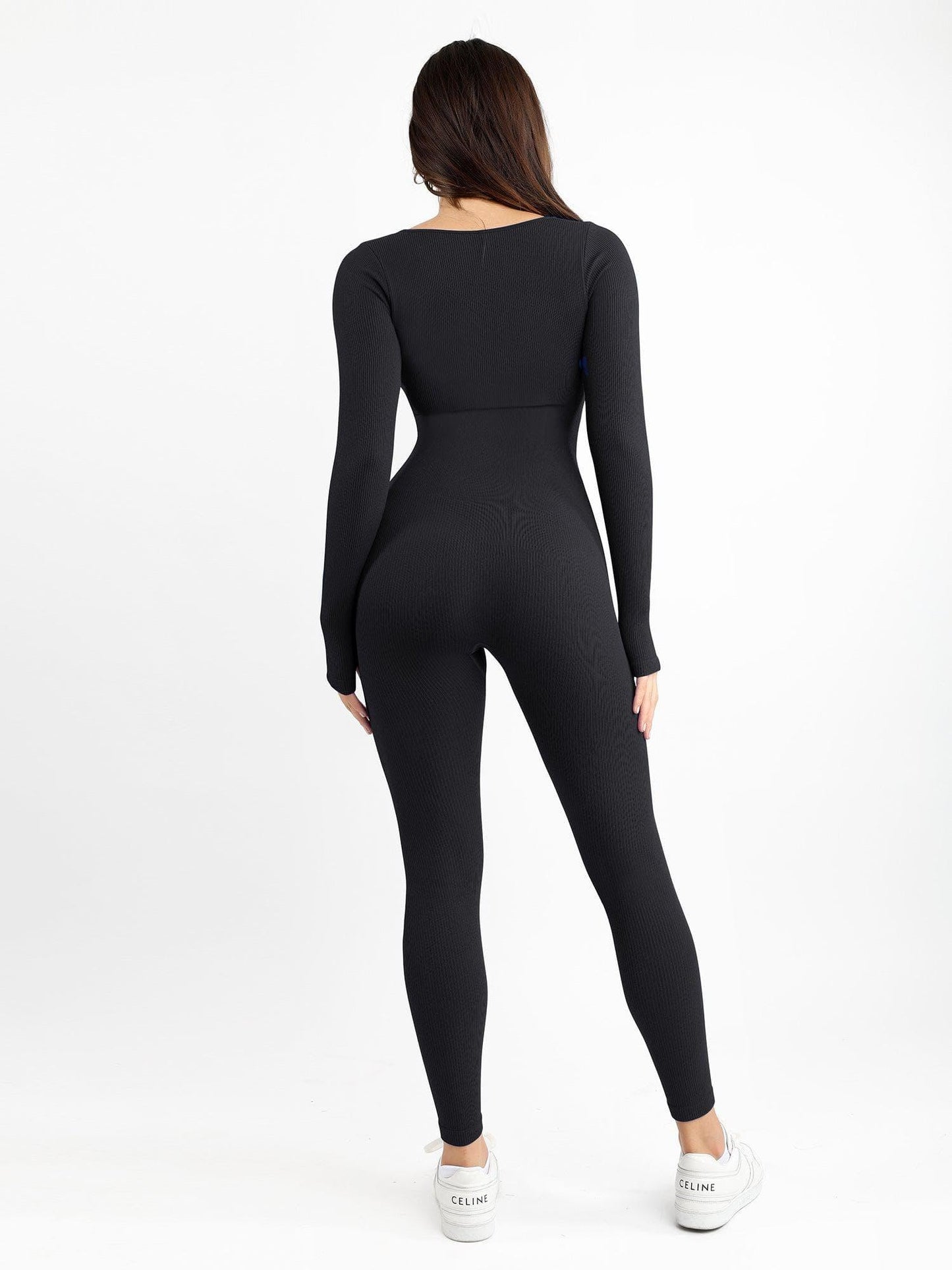 Luxe Naadloze Contour Jumpsuit: Vierkante Hals, Lange Mouwen & Vormgevend Comfort
