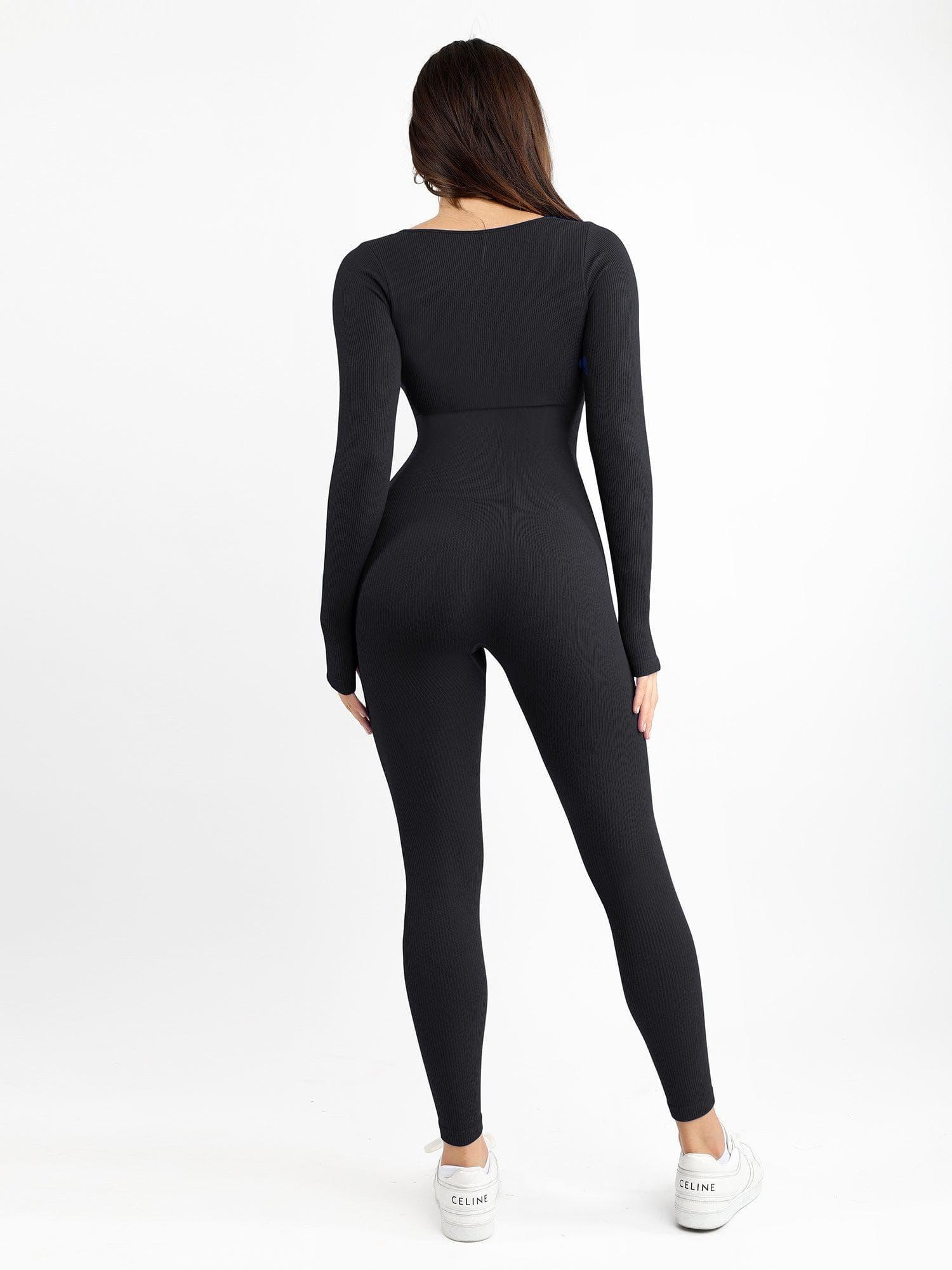 Luxe Naadloze Contour Jumpsuit: Vierkante Hals, Lange Mouwen & Vormgevend Comfort