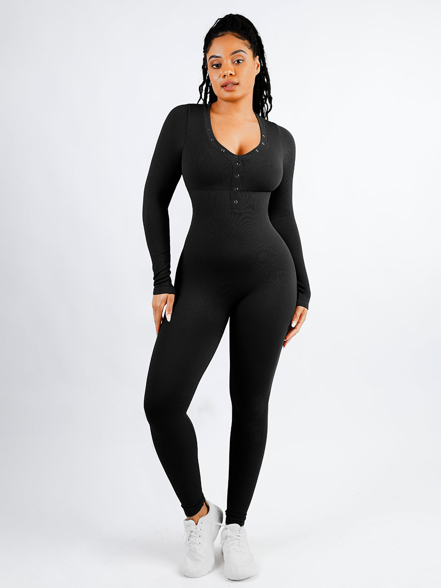 Lush Elegance Dames Jumpsuit: V-Hals, Lange Mouwen, Buikcontrole & Sculpting Comfort