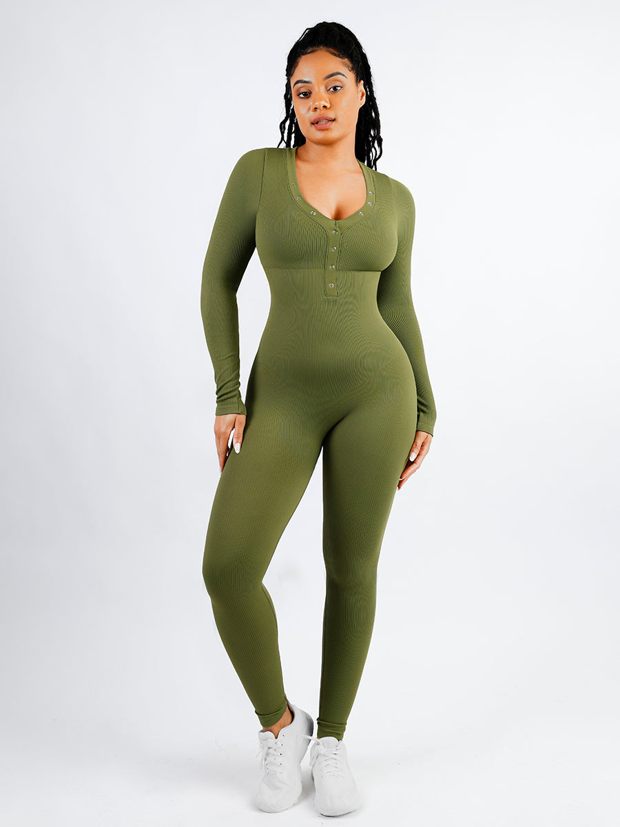 Lush Elegance Dames Jumpsuit: V-Hals, Lange Mouwen, Buikcontrole & Sculpting Comfort