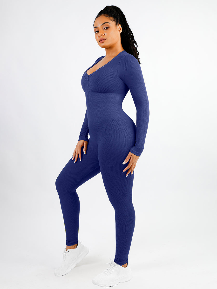 Lush Elegance Dames Jumpsuit: V-Hals, Lange Mouwen, Buikcontrole & Sculpting Comfort