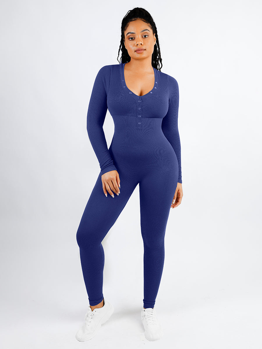 Lush Elegance Dames Jumpsuit: V-Hals, Lange Mouwen, Buikcontrole & Sculpting Comfort