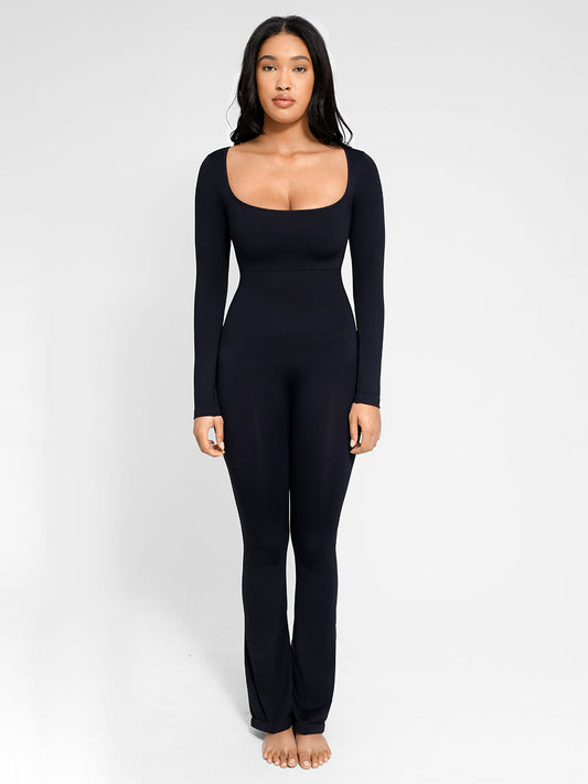 Elegante Dames Jumpsuit met Lange Mouwen, Buikcontrole & Wijde Pijpen