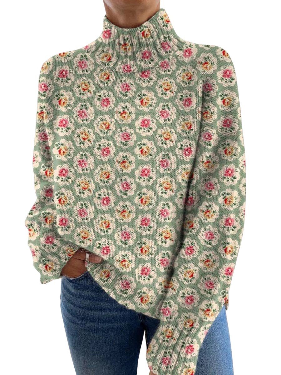 Vrouwen Gebreide Coltrui met Prachtige Bloemenprint - Warme Ademende Elegante Trui